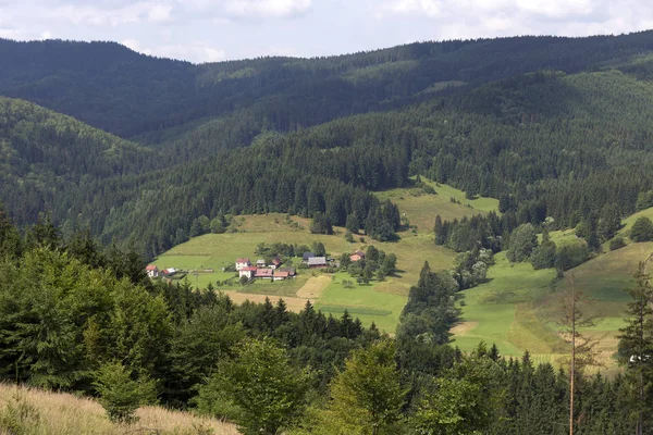 Világos zöld vidék, a nyári hegyek Beszkidek észak keleti Csehországban, Cseh Köztársaság — Stock Fotó