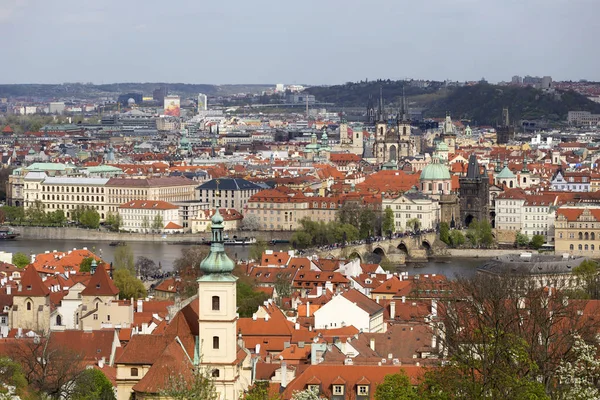 Blick auf den Frühling Prag Stadt mit der grünen Natur und blühenden Bäumen, Tschechische Republik — Stockfoto