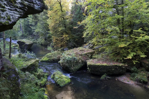 Άγρια φθινόπωρο τοπίο γύρω από το Kamenice Creek στο Τσέχικη Ελβετία με πέτρες ψαμμίτης, Τσεχική Δημοκρατία — Φωτογραφία Αρχείου