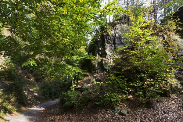 Wild autumn Landscape in the Czech Switzerland with Sandstone Rocks, Czech Republic — Stock Photo, Image