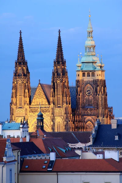 De gotische st. vitus kathedraal op de Praagse burcht in de nacht, Tsjechië — Stockfoto