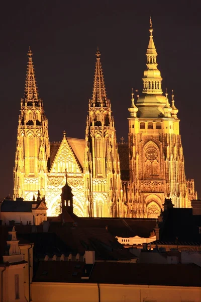 De gotische st. vitus kathedraal op de Praagse burcht in de nacht, Tsjechië — Stockfoto