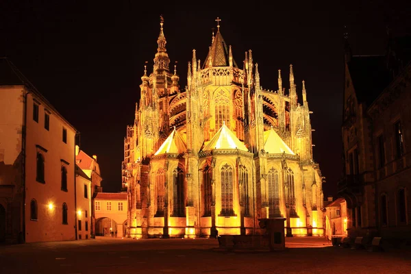 在夜里，捷克共和国布拉格城堡哥特式圣维特大教堂 — 图库照片