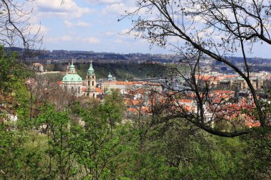 Bahar Prague City ile Gotik Kalesi ve yeşil doğa ve çiçekli ağaçlar, Çek Cumhuriyeti