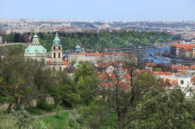 Bahar Prague City ile Gotik Kalesi ve yeşil doğa ve çiçekli ağaçlar, Çek Cumhuriyeti