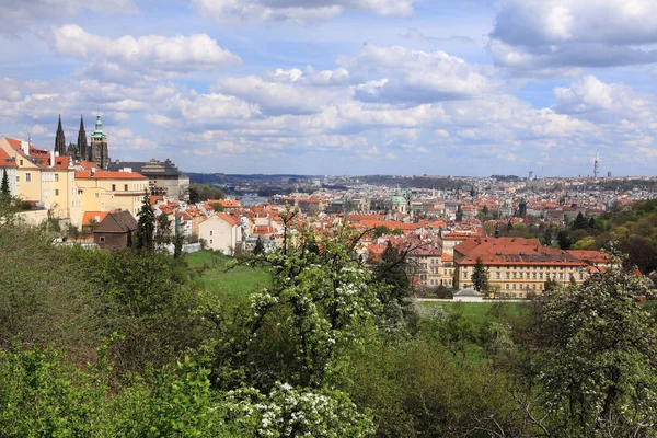 Spring Prague City com Castelo Gótico e o verde Natureza e Floração Árvores, República Checa — Fotografia de Stock