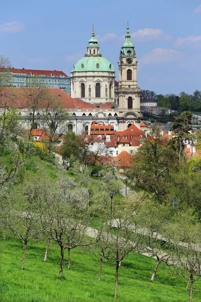 Spring Prague City with gothic Castle and the green Nature and flowering Trees, Czech Republic — Stock Photo, Image