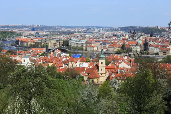 Primavera Praga Ciudad con el castillo gótico y la naturaleza verde y los árboles con flores, República Checa — Foto de Stock