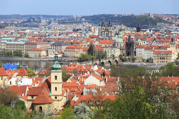 与哥特式城堡和绿色自然开花树木，捷克共和国布拉格春城 — 图库照片