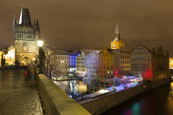 Ночной Снежный Старый Город Праги Карлова Моста Чешская Республика — стоковое фото