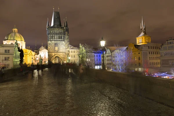 Night Snowy Prague Old Town Charles Bridge Czech Republic — Stock Photo, Image