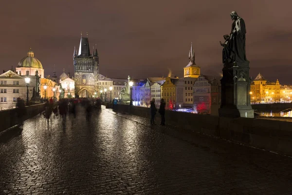 Notte Nevosa Praga Città Vecchia Ponte Carlo Repubblica Ceca — Foto Stock