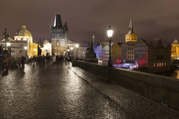 Noite Colorido Nevado Natal Praga Menor Cidade Com Castelo Gótico — Fotografia de Stock