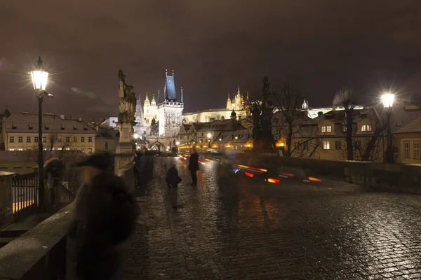 Noche Colores Nevados Navidad Praga Ciudad Pequeña Con Castillo Gótico — Foto de Stock