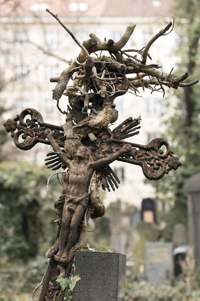 Statue Vieillie Mystérieux Vieux Cimetière Prague République Tchèque — Photo