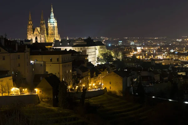 Noche Invierno Praga Ciudad Con Castillo Gótico República Checa — Foto de Stock