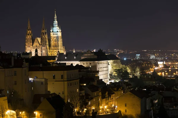 Noche Invierno Praga Ciudad Con Castillo Gótico República Checa — Foto de Stock