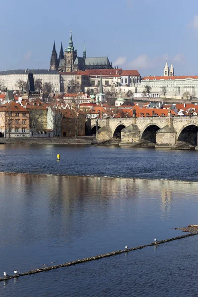 Tidiga Våren Gotiska Pragborgen Med Mindre Staden Ovanför Floden Moldau — Stockfoto