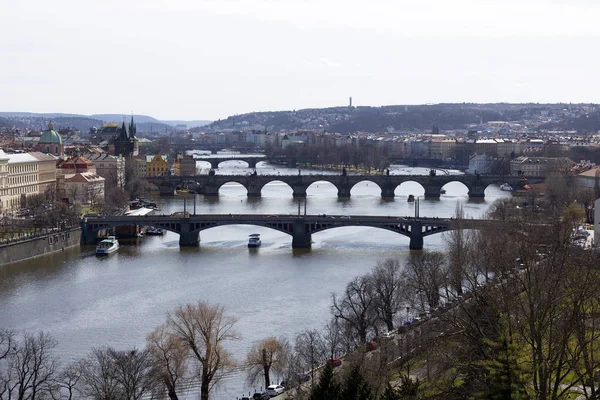 布拉格的春天城市与它的塔和桥梁在晴朗的天 捷克共和国 — 图库照片