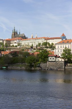 Bahar Prague City ile Gotik Kalesi ve yeşil doğa ve çiçekli ağaçlar, Çek Cumhuriyeti