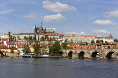 Bahar Prague City ile Gotik Kalesi ve yeşil doğa ve çiçekli ağaçlar, Çek Cumhuriyeti
