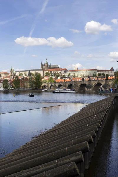 Bahar Prague City Ile Gotik Kalesi Yeşil Doğa Çiçekli Ağaçlar — Stok fotoğraf