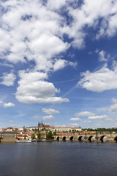 Bahar Prague City Ile Gotik Kalesi Yeşil Doğa Çiçekli Ağaçlar — Stok fotoğraf