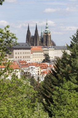 Bahar Prague City ile Gotik Kalesi ve yeşil doğa ve çiçekli ağaçlar, Çek Cumhuriyeti