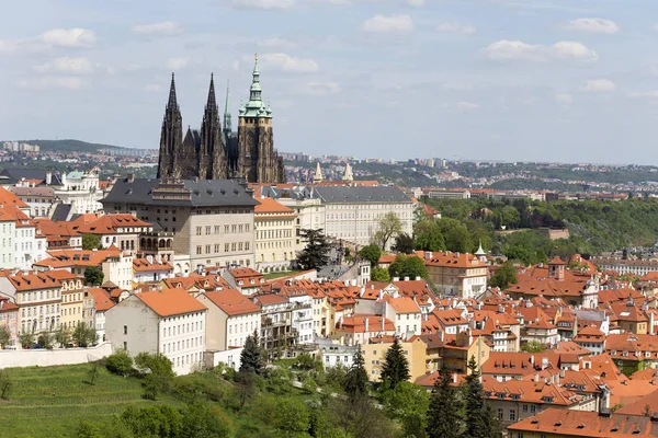 Printemps Prague Ville Avec Château Gothique Nature Verte Des Arbres — Photo