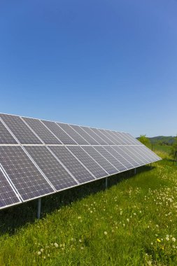 Tozlu polen Solar Power Station çayır çiçekli karahindiba ile bahar üzerinde 