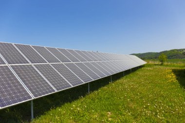 Tozlu polen Solar Power Station çayır çiçekli karahindiba ile bahar üzerinde 