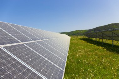Tozlu polen Solar Power Station çayır çiçekli karahindiba ile bahar üzerinde 