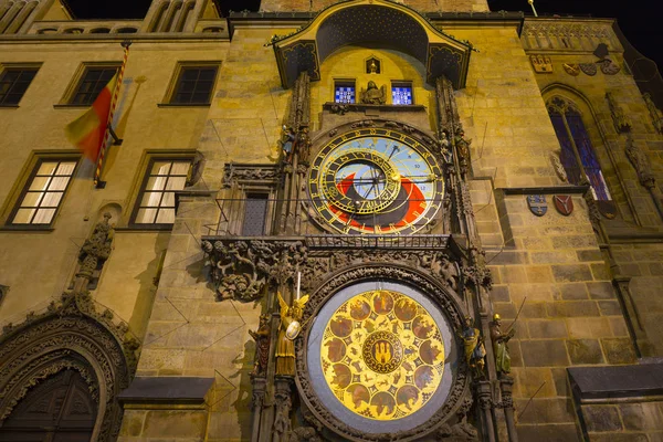 Historyczny Średniowieczny Zegar Astronomiczny Nocy Praga Old Town Hall Czechy — Zdjęcie stockowe