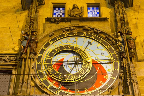 Relógio Histórico Astronômico Medieval Noite Praga Old Town Hall República — Fotografia de Stock