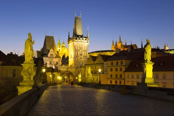 Night Colorful Prague Gothic Castle Nicholas Cathedral Bridge Tower Charles — Stock Photo, Image