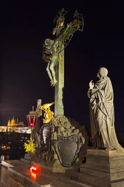 Baroque Statue Jesus Christ Prague Charles Bridge Gothic Castle Night — Stock Photo, Image