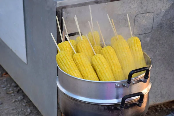 Fresh Boiled Roasted Corn Street Food Steam Pan Copy Space — Stock Photo, Image