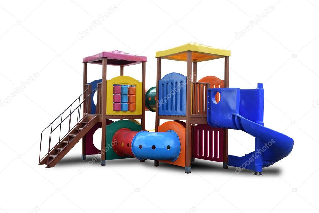 Colorful Combination playground structure for small children; slides, climbers (stairs in this case), playhouse Isolated on white background 