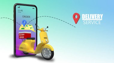 Motosikletle 3D Illustration hızlı teslimat. E-Ticaret. Çevrimiçi Gıda, Taksi, Uygun sipariş uygulaması, mavi ve beyaz arka plan. Perspektif tasarımı.