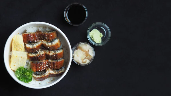 Unadon Unagi Donburi 뱀장어 그릇의 초점은 배경으로 일본에서 요리이다 — 스톡 사진