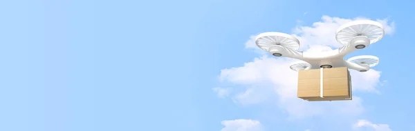 Drone Entrega Renderização Banner Com Caixa Céu Azul Fundo Nuvens — Fotografia de Stock