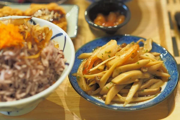 Roer Gebakken Koning Oester Champignons Met Sojasaus Ontbijt Set Japanse — Stockfoto