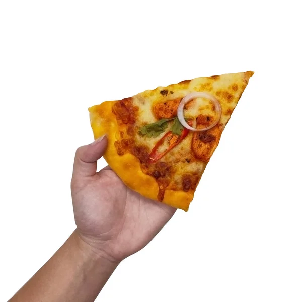 Isolierte Hand Hält Pizza Auf Weißem Hintergrund Mit Schneideweg — Stockfoto