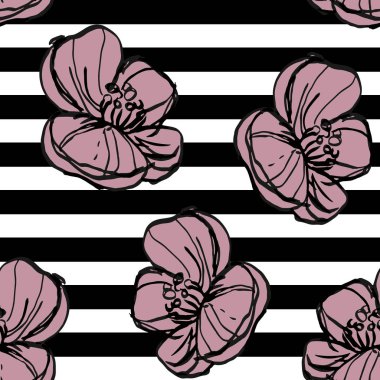 Pembe çiçekler düz çizgiler, yeşil yapraklı çizgiler, siyah beyaz çizgiler, taşıyıcı tekrar karo.