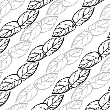 Güzel yapraklar dikişsiz desen, tekstil veya ambalaj kağıdı için tekrarlanabilir döşeme yaprağı, siyah ve beyaz vektör.