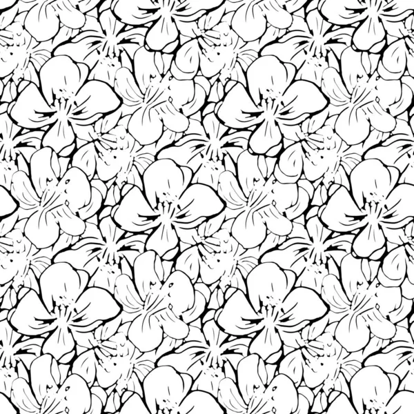 黒と白の花のシルエットは 葉のシームレスなパターン 繰り返し可能なベクトルテクスチャタイルの正方形と芽をアウトライン スキャンディナヴィア モダン Print — ストックベクタ
