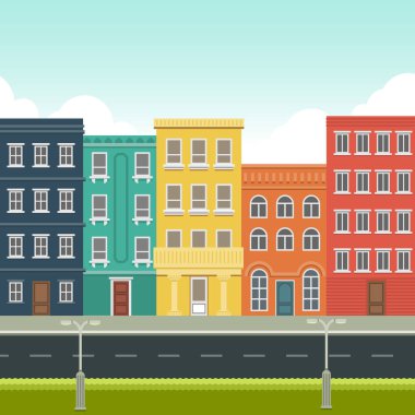 Evler dükkan tezgahı tezgahı tezgahı, yatay vektör illüstrasyon sanatı ile komik şehir manzarası panoraması