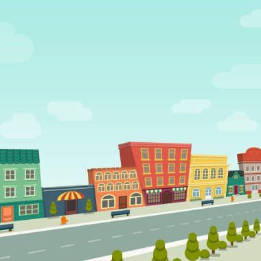 Evler dükkan tezgahı tezgahı tezgahı, yatay vektör illüstrasyon sanatı ile komik şehir manzarası panoraması
