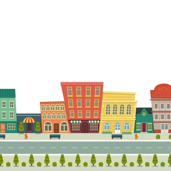 Panorama Rua Paisagem Urbana Desenhos Animados Engraçado Com Casas Loja —  Vetores de Stock