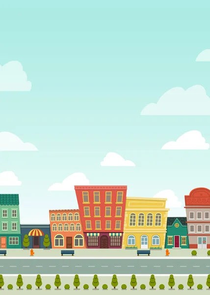 Panorama Rua Paisagem Urbana Desenhos Animados Engraçado Com Casas Loja —  Vetores de Stock
